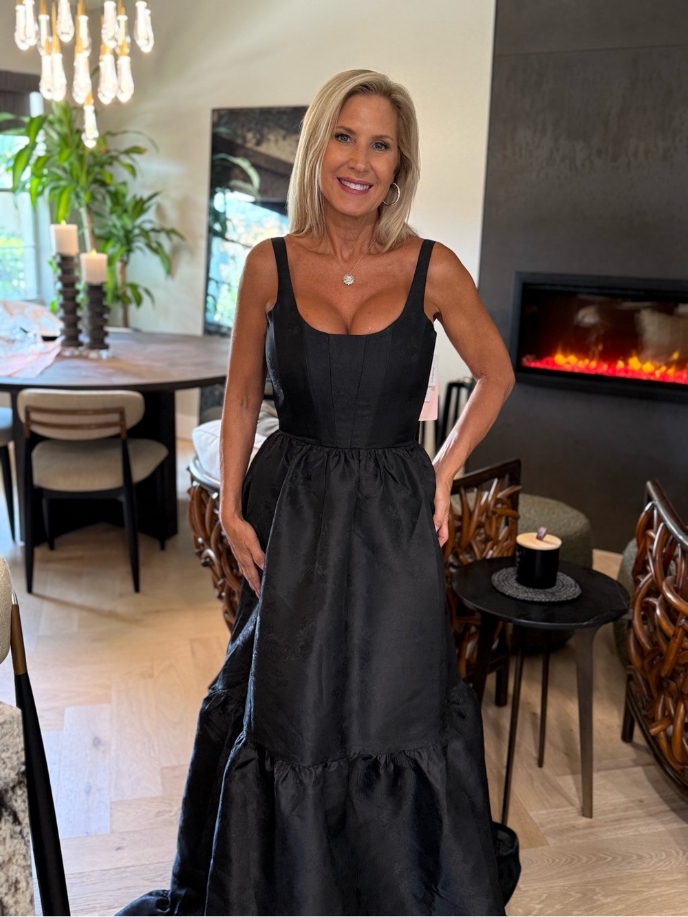 V. Chapman Windsor Brocade Black Tiered Maxi Dress with Scoop Neck